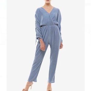 METALLIC SHEER PLISSE Ruched-Sleeve Pant Jumpsuit dusty blue